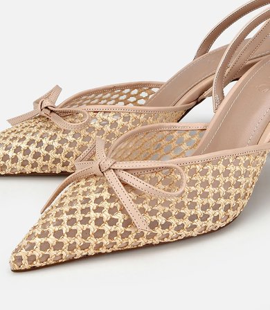 Kadın Bej Hasır Detaylı Fiyonklu Kısa Topuklu Stiletto