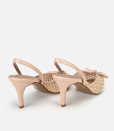 Kadın Bej Hasır Detaylı Fiyonklu Kısa Topuklu Stiletto