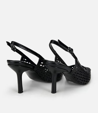 Kadın Siyah Hasır Detaylı Arkası Açık Kısa Topuklu Stiletto