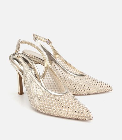 Kadın Gold Taş Detaylı Arkası Açık Stiletto