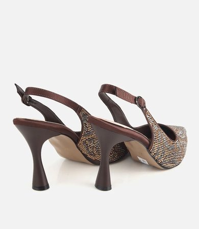 Kadın Kahverengi Arkası Açık Taşlı Stiletto