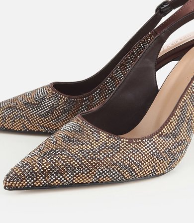 Kadın Kahverengi Arkası Açık Taşlı Stiletto