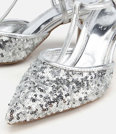Kadın Lame Taş Detaylı Arkası Açık İnce Topuklu Stiletto