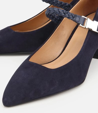 Kadın Süet Deri Lacivert Örgü Bantlı İnce Topuklu Stiletto