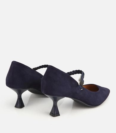 Kadın Süet Deri Lacivert Örgü Bantlı İnce Topuklu Stiletto