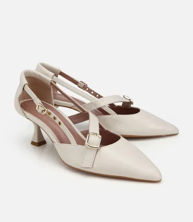 Kadın Deri Ekru Bant Detaylı İnce Topuklu Stiletto