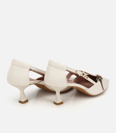 Kadın Deri Ekru Bant Detaylı İnce Topuklu Stiletto