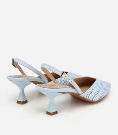 Kadın Deri Mavi Yumuşak Dokulu Arkası Açık  Kısa Topuklu Stiletto