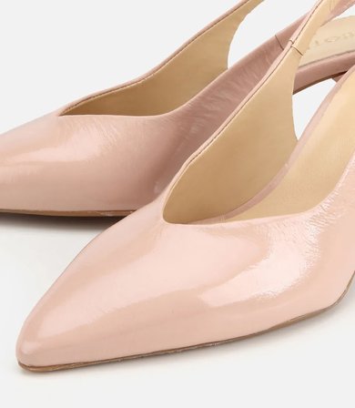 Kadın Rugan Deri Bej Sivri Burunlu Arkası Açık Kısa Topuklu Stiletto