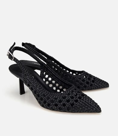 Kadın Siyah Örgü Detaylı Arkası Açık Kısa Topuklu Stiletto