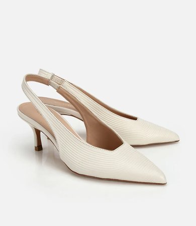 Kadın Deri Ekru Dokulu Yumuşak Arkası Açık Kısa Topuklu Stiletto