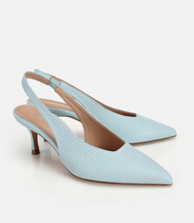 Kadın Deri Mavi Dokulu Yumuşak Arkası Açık Kısa Topuklu Stiletto