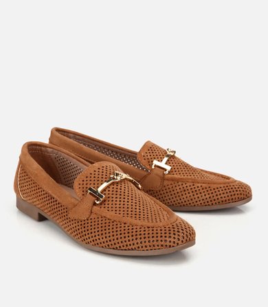 Kadın Taba Süet Tokalı Zımba Detaylı Loafer