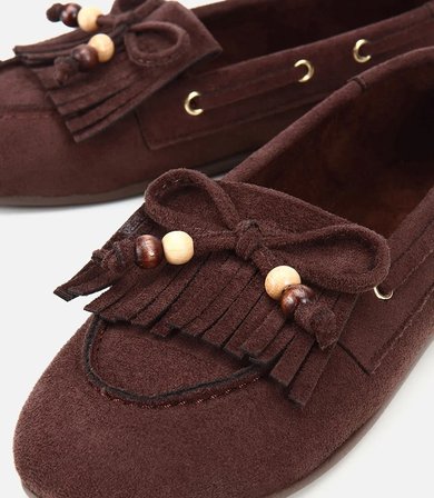 Kadın Kahverengi Süet Fiyonk Detaylı Bağcıklı Loafer