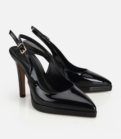 Kadın Siyah Rugan Sivri Burunlu Platformlu Yüksek Topuklu Arkası Açık Stiletto