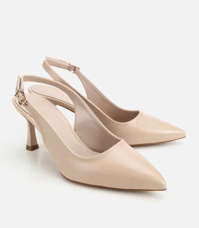 Kadın Bej Sivri Burunlu Tokalı İnce Topuklu Arkası Açık Stiletto