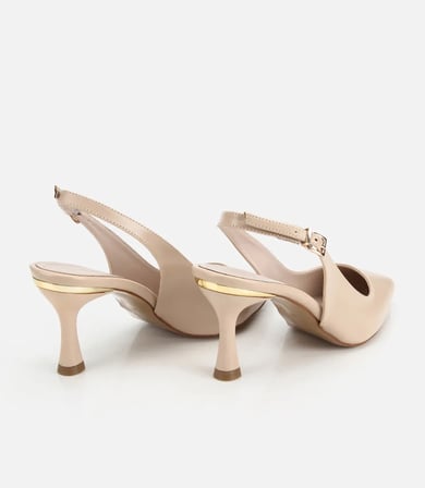 Kadın Bej Sivri Burunlu Tokalı İnce Topuklu Arkası Açık Stiletto