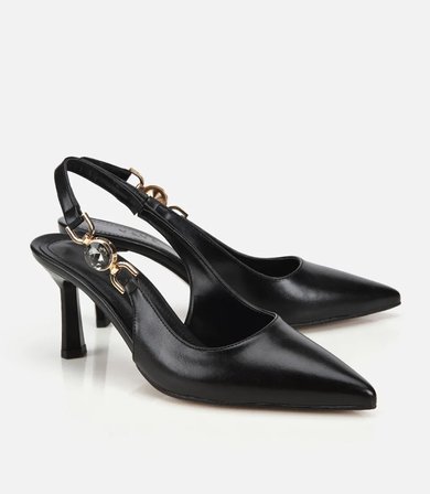 Kadın Siyah Sivri Burunlu Taş Aksesuarlı İnce Topuklu Arkası Açık Stiletto