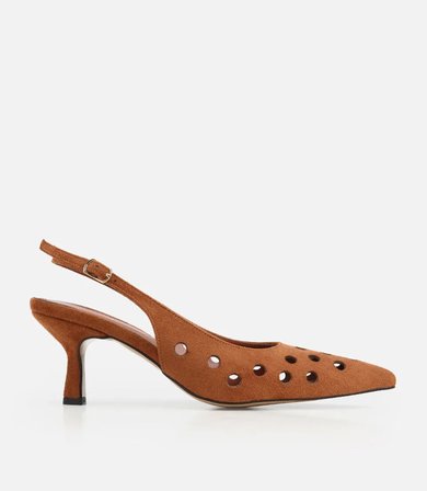 Kadın Taba Süet Sivri Burunlu Delikli İnce Topuklu Arkası Açık Stiletto