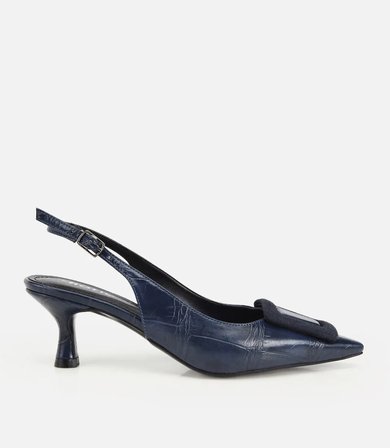 Kadın Lacivert Arkası Açık Toka Detaylı Kısa Topuklu Stiletto
