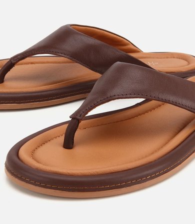 Kadın Deri Kahverengi Yumuşak Dokulu Comfort Parmak Arası Düz Terlik