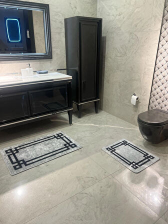 Lateks Taban Saçaksız (60X100 - 60X50) Ikili Banyo Paspas Takımı -gri