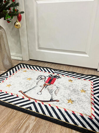 Present Yılbaşı Lateks Taban Kapı Önü Paspası (ebat 60x90) Gri-siyah