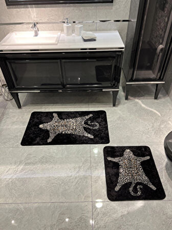 2'li Leopar Desen 60x100 - 60x50 Banyo Paspası - Siyah