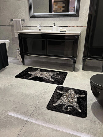 2'li Leopar Desen 60x100 - 60x50 Banyo Paspası - Siyah
