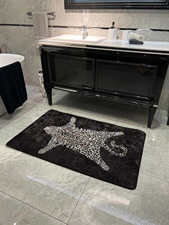 Leopar Desen Yıkanabilir 60x100 Tekli Banyo Paspası - Siyah