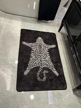 Leopar Desen Yıkanabilir 60x100 Tekli Banyo Paspası - Siyah