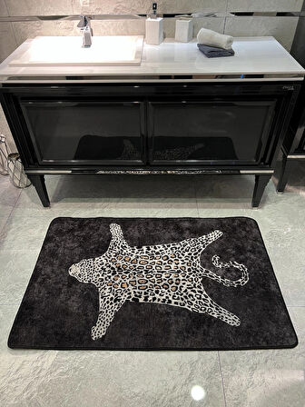Leopar Desen Yıkanabilir 60x100 Tekli Banyo Paspası - Siyah