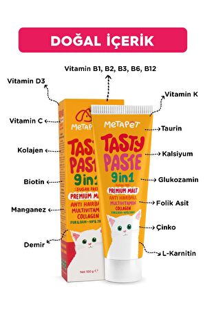 Kediler için 9in1 MultiVitamini Macunu, Tüy Eklem Glukozamin Yavru Sağlığı Destekleyici Malt 100ML