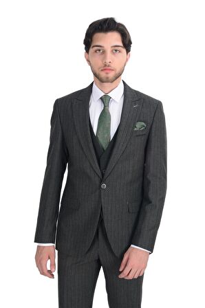 Cengiz İnler Desenli Kırlangıç Yaka Yelekli Erkek Takım Elbise