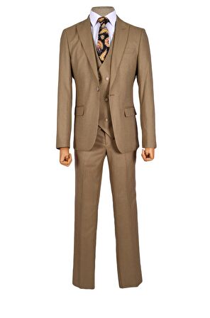 Cengiz İnler Çizgili Kırçıl Desen Tek Düğme 6 Drop Yelekli Slim Fit Erkek Takım Elbise