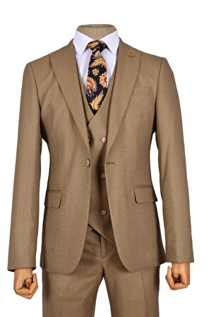 Cengiz İnler Çizgili Kırçıl Desen Tek Düğme 6 Drop Yelekli Slim Fit Erkek Takım Elbise