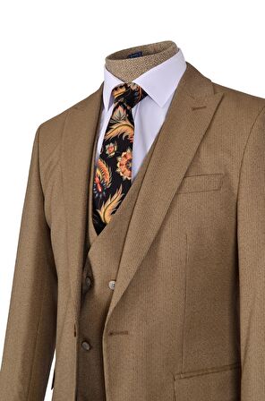 Cengiz İnler Çizgili Kırçıl Desen Tek Düğme 6 Drop Yelekli Slim Fit Erkek Takım Elbise