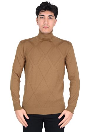 Cengiz İnler Tam Balıkçı Yaka Karo Desen Yünlü Erkek Triko Kazak