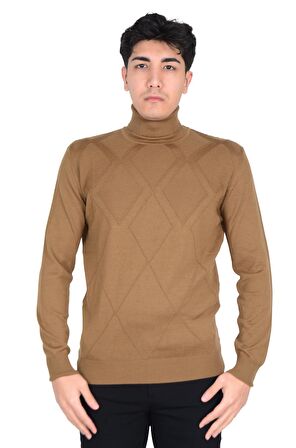 Cengiz İnler Tam Balıkçı Yaka Karo Desen Yünlü Erkek Triko Kazak