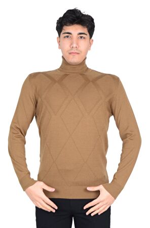 Cengiz İnler Tam Balıkçı Yaka Karo Desen Yünlü Erkek Triko Kazak