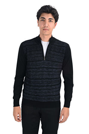 Cengiz İnler Yarım Balıkçı Yaka Çizgili Yünlü Erkek Triko Kazak