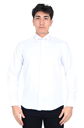 Cengiz İnler Yaka İğneli Slim Fit Erkek Pamuk Gömlek