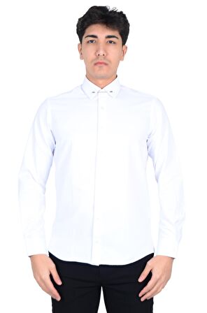 Cengiz İnler Yaka İğneli Slim Fit Erkek Pamuk Gömlek