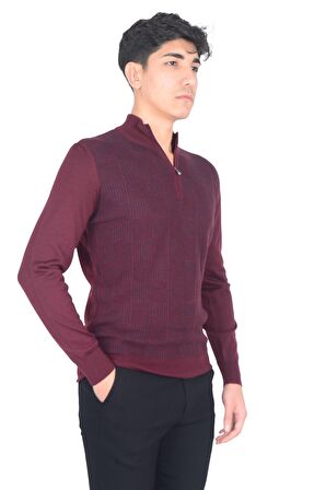 Cengiz İnler Yarım Balıkçı Yaka Fermuarlı Kare Desen Yünlü Erkek Triko Kazak