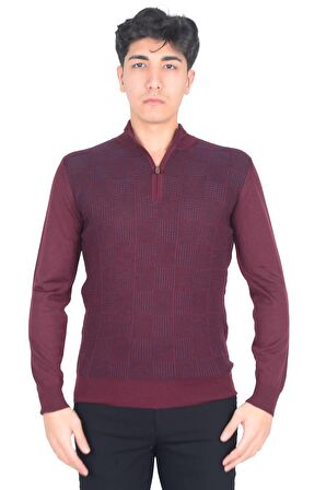 Cengiz İnler Yarım Balıkçı Yaka Fermuarlı Kare Desen Yünlü Erkek Triko Kazak