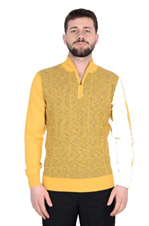 Cengiz İnler Yarım Balıkçı Yaka Fermuarlı Kare Desen Yünlü Erkek Triko Kazak