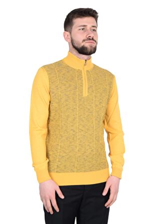 Cengiz İnler Yarım Balıkçı Yaka Fermuarlı Kare Desen Yünlü Erkek Triko Kazak
