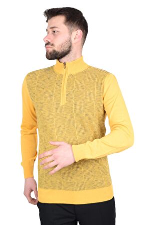 Cengiz İnler Yarım Balıkçı Yaka Fermuarlı Kare Desen Yünlü Erkek Triko Kazak