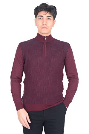 Cengiz İnler Yarım Balıkçı Yaka Fermuarlı Kare Desen Yünlü Erkek Triko Kazak