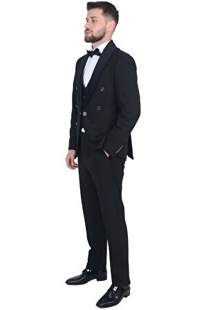 Cengiz İnler Kruvaze Saten Şal Yaka Yelekli Damatlık